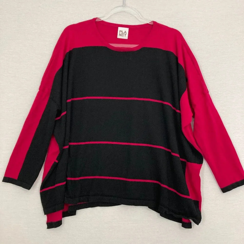 Planet Pink Black Striped Relaxed Fit Lagenlook Light Knit Sweater One Size